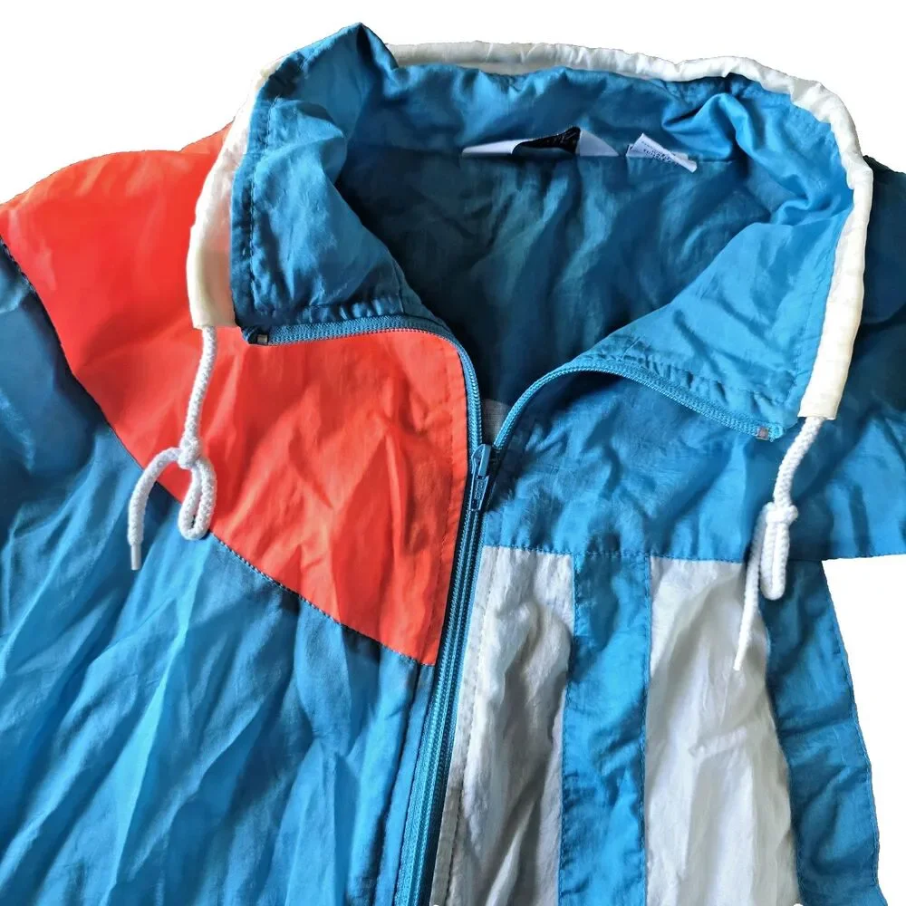 Vintage 90s XL Colorblock Windbreaker Jacket Teal Neon Retro Zip Blue Orange
